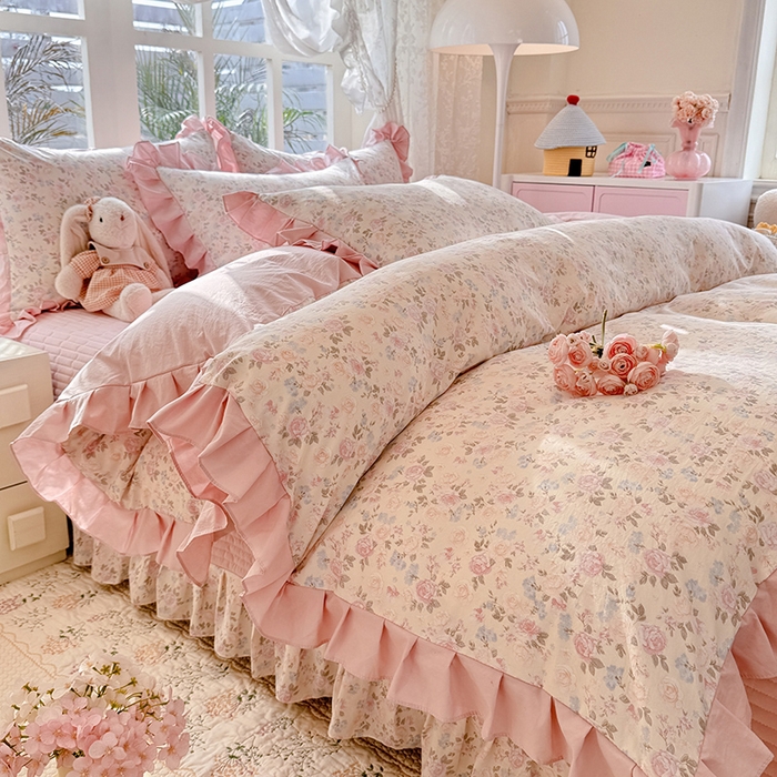 91家纺网 家纺一手货源 找家纺 韩约家纺 2026新款韩式花边古法棉感床盖四件套 花影