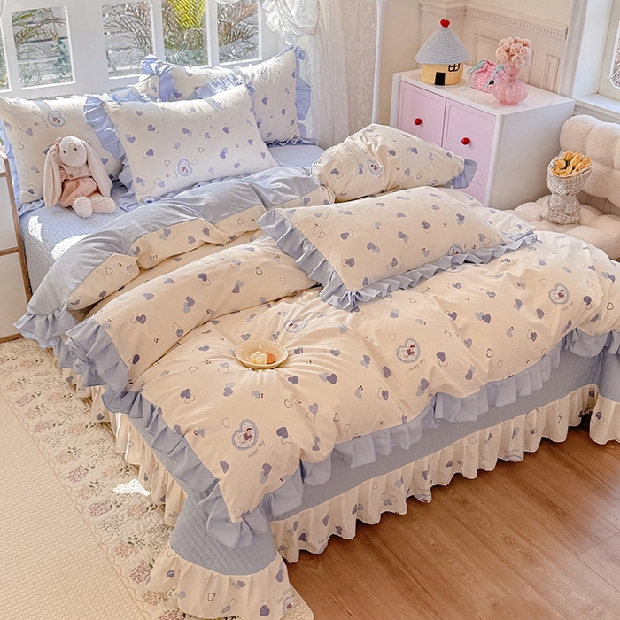 91家纺网 家纺一手货源 找家纺 韩约家纺 2026新款韩式花边古法棉感床盖四件套 甜心狗