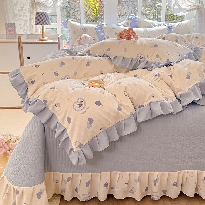 91家纺网 家纺一手货源 找家纺 韩约家纺 2026新款韩式花边古法棉感床盖四件套 甜心狗