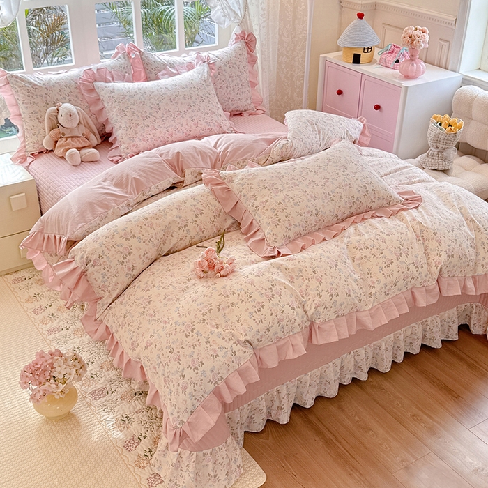 91家纺网 家纺一手货源 找家纺 韩约家纺 2026新款韩式花边古法棉感床盖四件套 花影