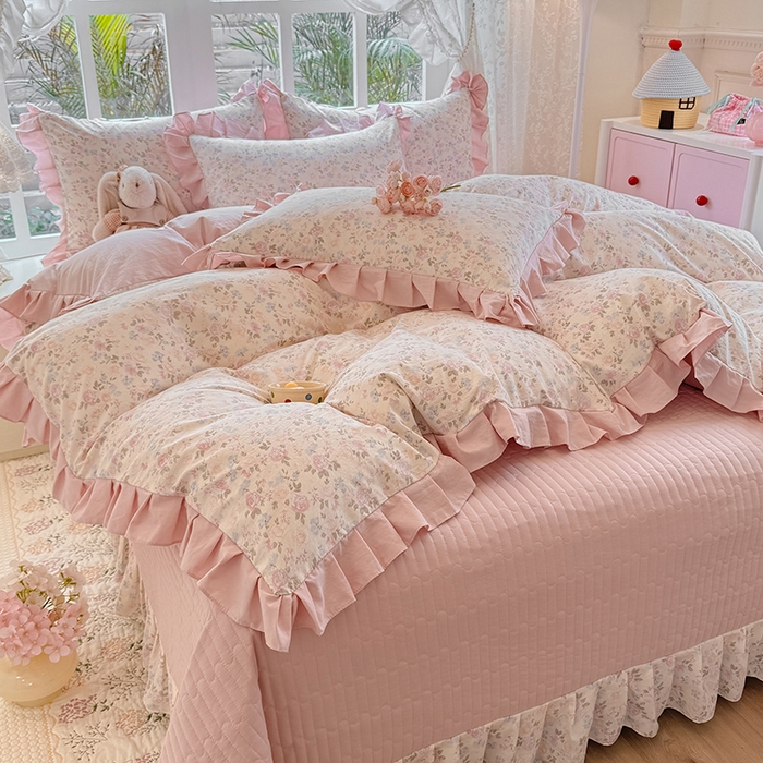 91家纺网 家纺一手货源 找家纺 韩约家纺 2026新款韩式花边古法棉感床盖四件套 花影