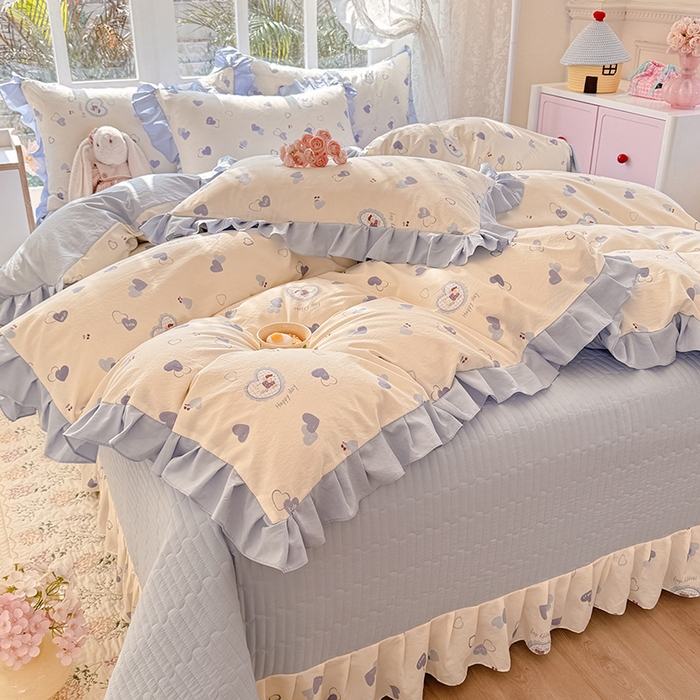 91家纺网 家纺一手货源 找家纺 韩约家纺 2026新款韩式花边古法棉感床盖四件套 甜心狗