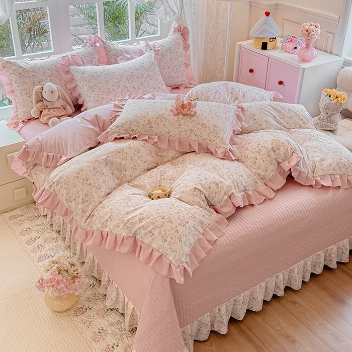 91家纺网 家纺一手货源 找家纺 韩约家纺 2026新款韩式花边古法棉感床盖四件套 花影