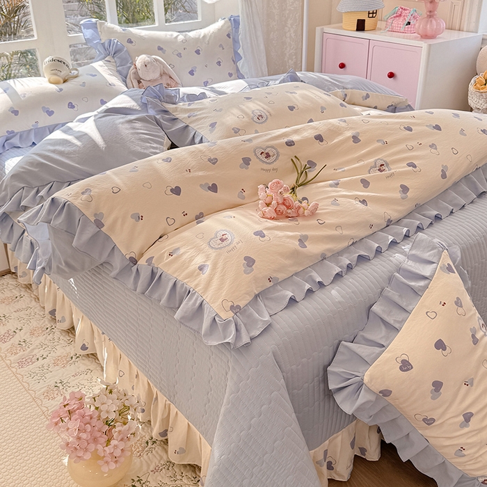 韩约家纺 2026新款韩式花边古法棉感床盖四件套 甜心狗