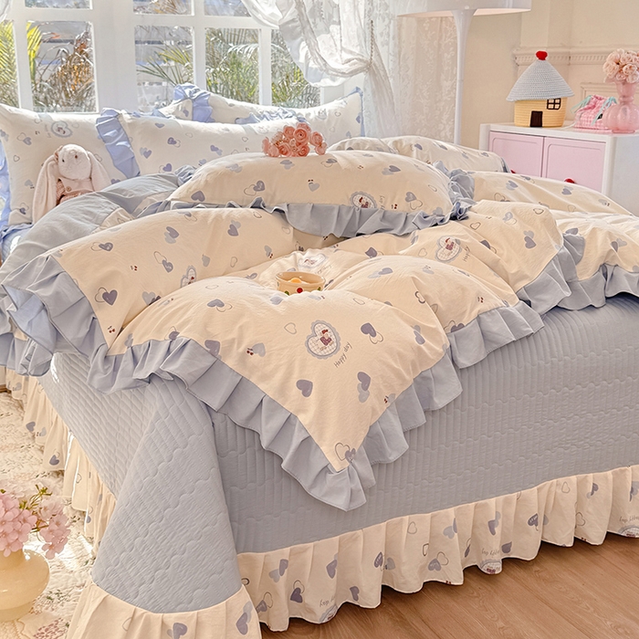 91家纺网 家纺一手货源 找家纺 韩约家纺 2026新款韩式花边古法棉感床盖四件套 甜心狗