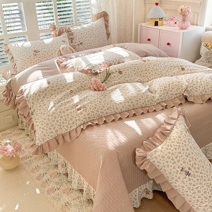 韩约家纺 2026新款韩式花边古法棉感床盖四件套 午后时光