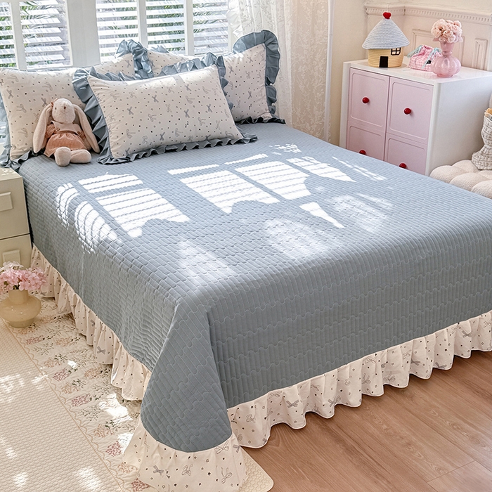 91家纺网 家纺一手货源 找家纺 韩约家纺 2026新款韩式花边古法棉感床盖四件套 雨沫