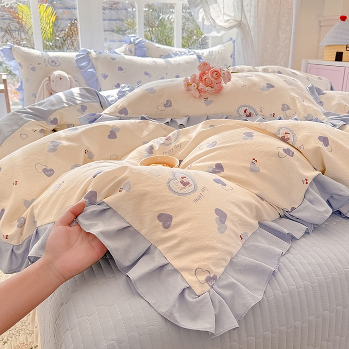 91家纺网 家纺一手货源 找家纺 韩约家纺 2026新款韩式花边古法棉感床盖四件套 甜心狗