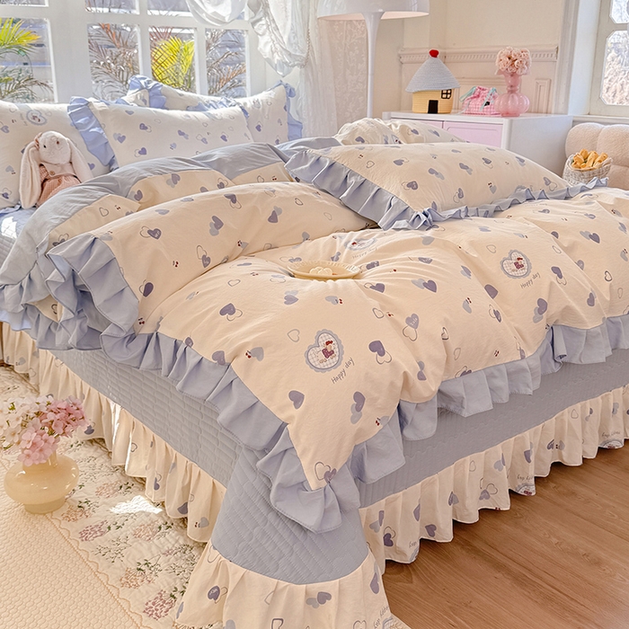 91家纺网 家纺一手货源 找家纺 韩约家纺 2026新款韩式花边古法棉感床盖四件套 甜心狗