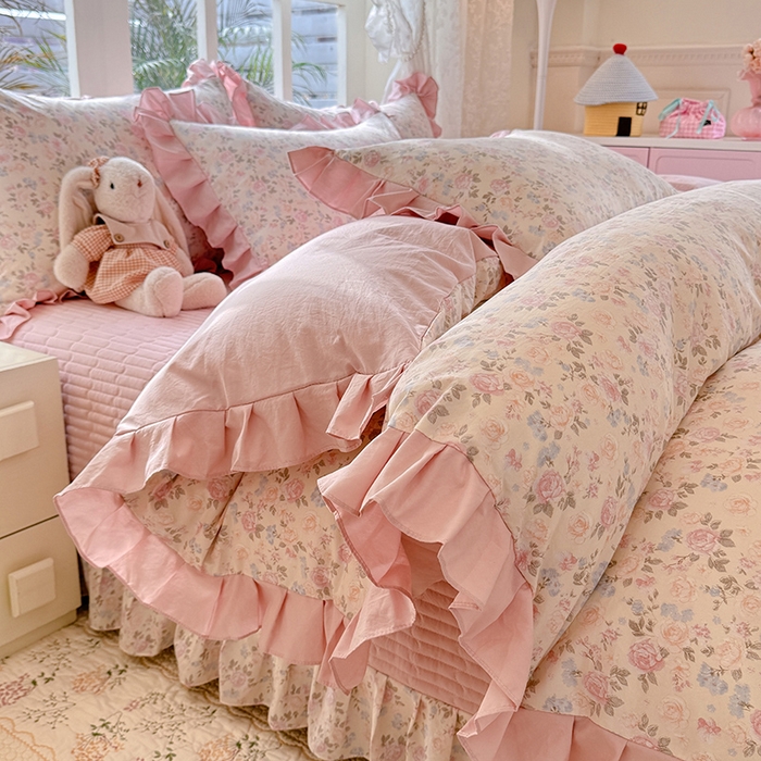 91家纺网 家纺一手货源 找家纺 韩约家纺 2026新款韩式花边古法棉感床盖四件套 花影