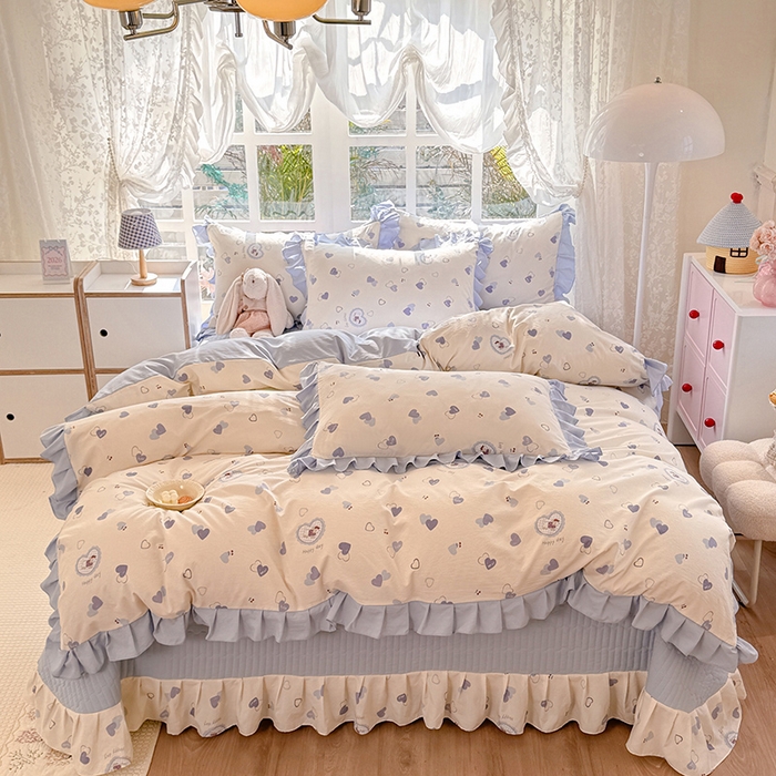 91家纺网 家纺一手货源 找家纺 韩约家纺 2026新款韩式花边古法棉感床盖四件套 甜心狗