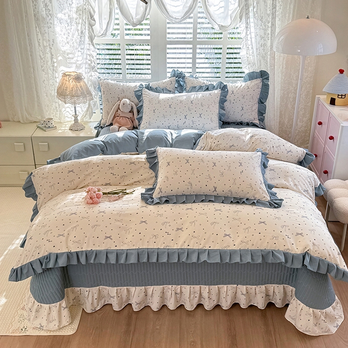 91家纺网 家纺一手货源 找家纺 韩约家纺 2026新款韩式花边古法棉感床盖四件套 雨沫