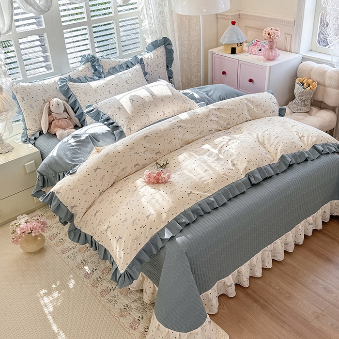 91家纺网 家纺一手货源 找家纺 韩约家纺 2026新款韩式花边古法棉感床盖四件套 雨沫