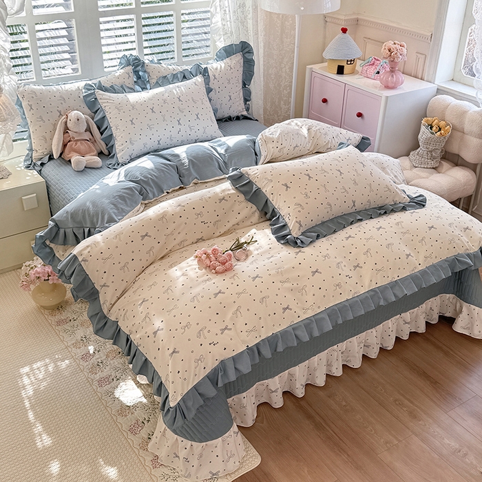 91家纺网 家纺一手货源 找家纺 韩约家纺 2026新款韩式花边古法棉感床盖四件套 雨沫