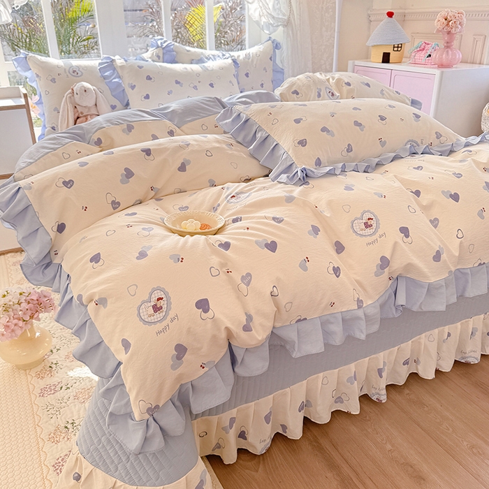 91家纺网 家纺一手货源 找家纺 韩约家纺 2026新款韩式花边古法棉感床盖四件套 甜心狗