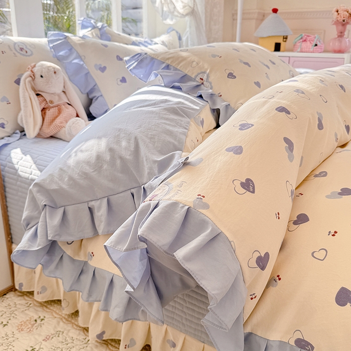 91家纺网 家纺一手货源 找家纺 韩约家纺 2026新款韩式花边古法棉感床盖四件套 甜心狗