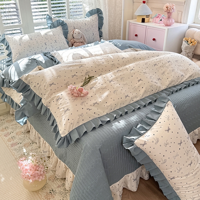 韩约家纺 2026新款韩式花边古法棉感床盖四件套 雨沫