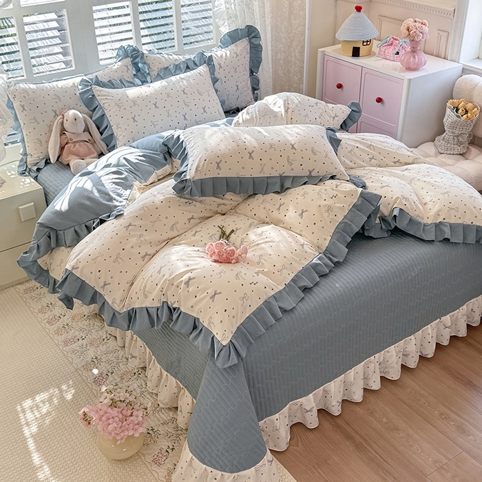 91家纺网 家纺一手货源 找家纺 韩约家纺 2026新款韩式花边古法棉感床盖四件套 雨沫