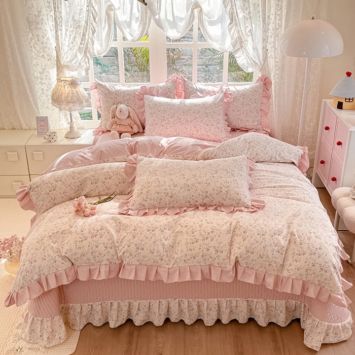 91家纺网 家纺一手货源 找家纺 韩约家纺 2026新款韩式花边古法棉感床盖四件套 花影