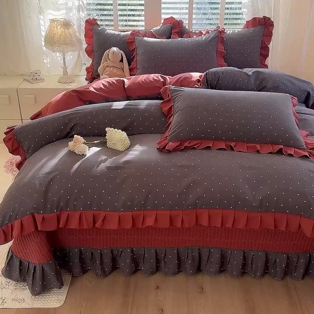 91家纺网 家纺一手货源 找家纺 韩约家纺 2026新款韩式花边古法棉感床盖四件套 初遇