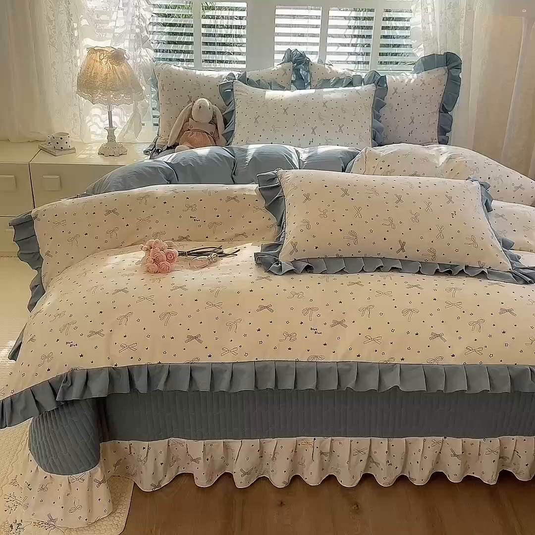 91家纺网 家纺一手货源 找家纺 韩约家纺 2026新款韩式花边古法棉感床盖四件套 雨沫