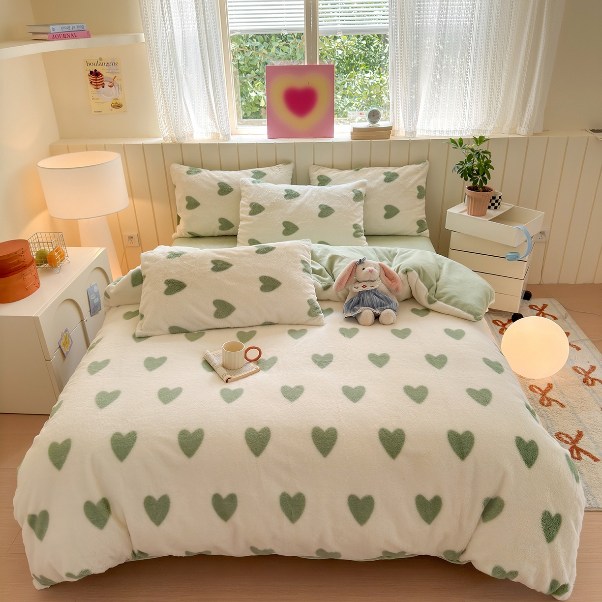 欣宜家纺 2025新款秋冬ins奶油风超暖爱心系列仿兔毛牛奶绒四件套 爱心-绿