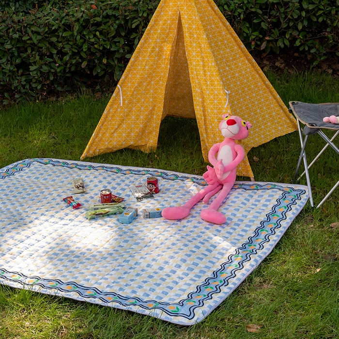 91家纺网 家纺一手货源 找家纺 欣宜家纺 2025新款INS风绗缝加厚防水野餐草坪垫 黄蓝格