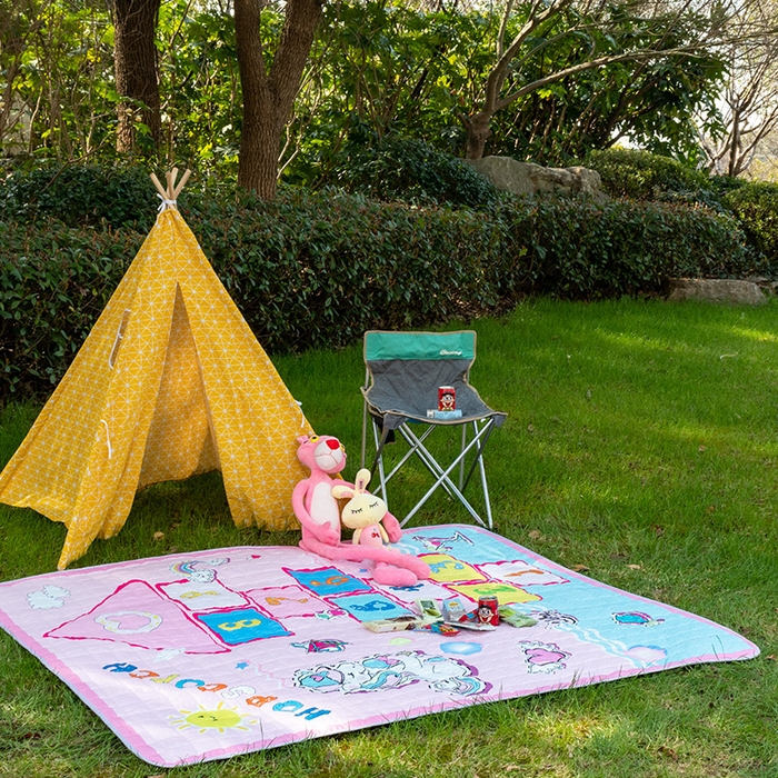 91家纺网 家纺一手货源 找家纺 欣宜家纺 2025新款INS风绗缝加厚防水野餐草坪垫 跳房子粉