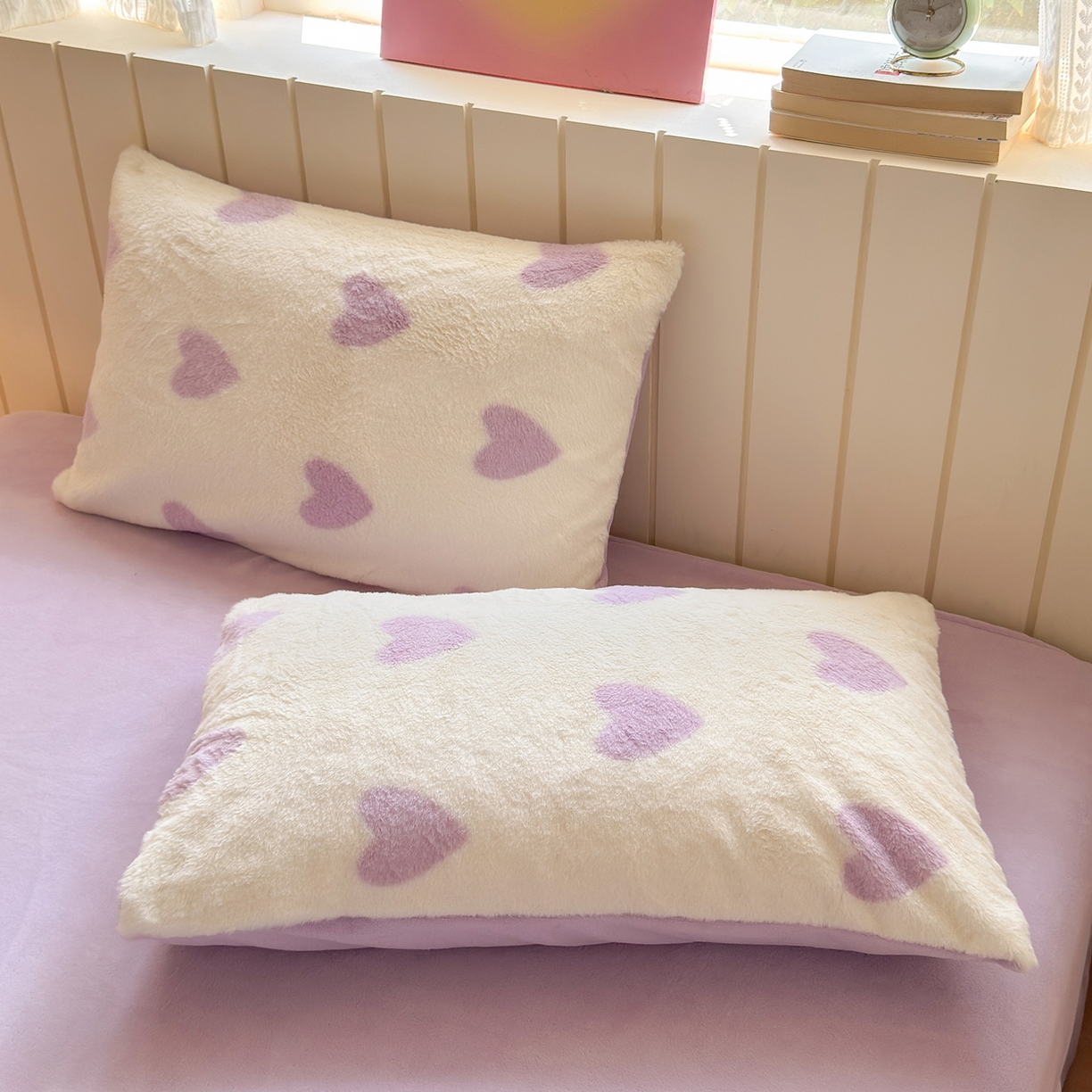 91家纺网 家纺一手货源 找家纺 欣宜家纺 2025新款秋冬ins奶油风超暖爱心系列仿兔毛牛奶绒四件套 爱心-紫