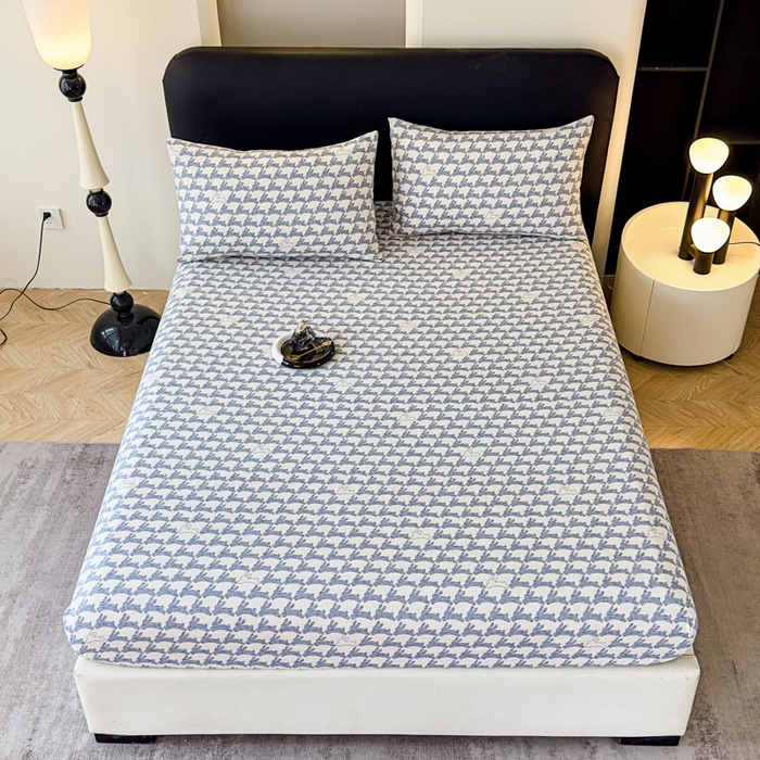 91家纺网 家纺一手货源 找家纺 欣宜家纺 2025新款高克重双层纱仿麻皱皱纱原麻床笠 蓝兔