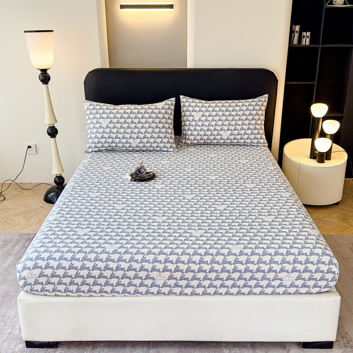 欣宜家纺 2025新款高克重双层纱仿麻皱皱纱原麻床笠 蓝兔