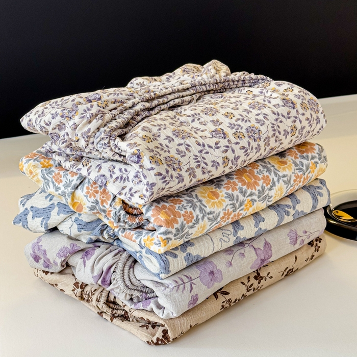 91家纺网 家纺一手货源 找家纺 欣宜家纺 2025新款高克重双层纱仿麻皱皱纱原麻床笠 蓝兔