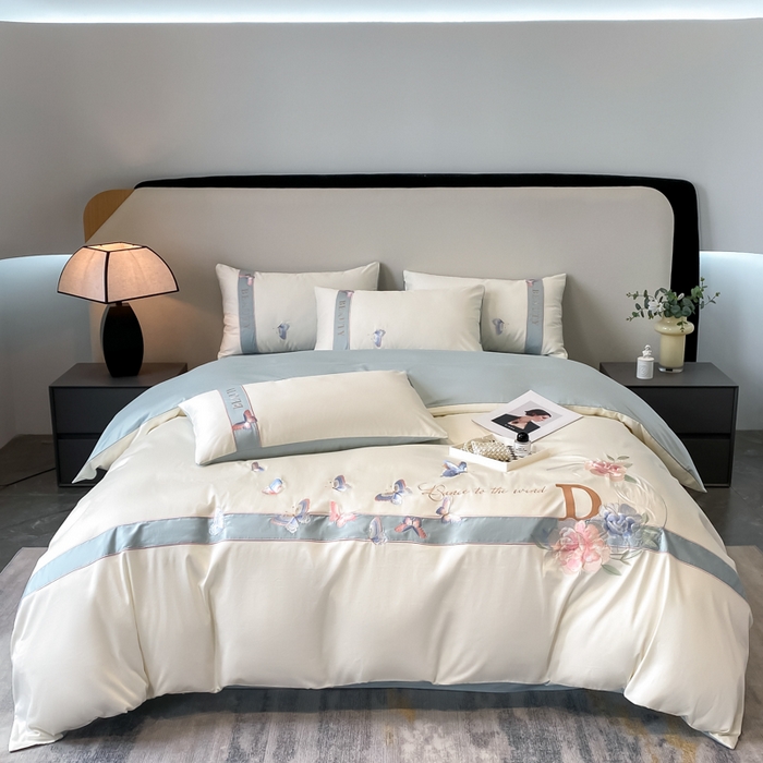 欣宜家纺 2025年新款全棉长绒棉绣花四件套刺绣轻奢床上用品-送高档礼盒 蝶恋-白兰