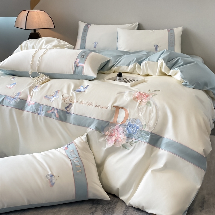 91家纺网 家纺一手货源 找家纺 欣宜家纺 2025年新款全棉长绒棉绣花四件套刺绣轻奢床上用品-送高档礼盒 蝶恋-白兰