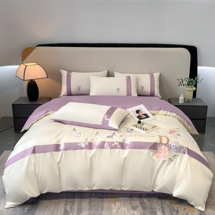 欣宜家纺 2025年新款全棉长绒棉绣花四件套刺绣轻奢床上用品-送高档礼盒 蝶恋-紫色