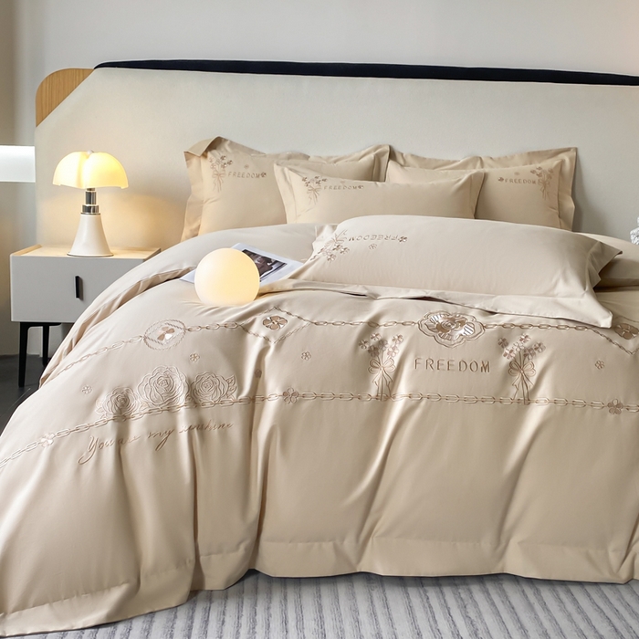 91家纺网 家纺一手货源 找家纺 欣宜家纺 2025新款秋冬纯棉全棉长绒棉刺绣磨毛高端礼盒床品四件套-马赛系列（包含买家秀） 马赛-香槟