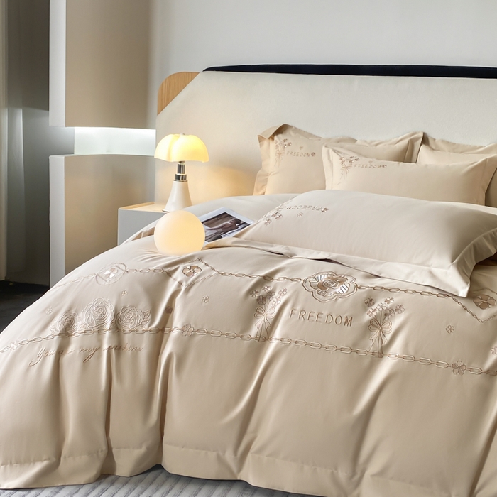 91家纺网 家纺一手货源 找家纺 欣宜家纺 2025新款秋冬纯棉全棉长绒棉刺绣磨毛高端礼盒床品四件套-马赛系列（包含买家秀） 马赛-香槟