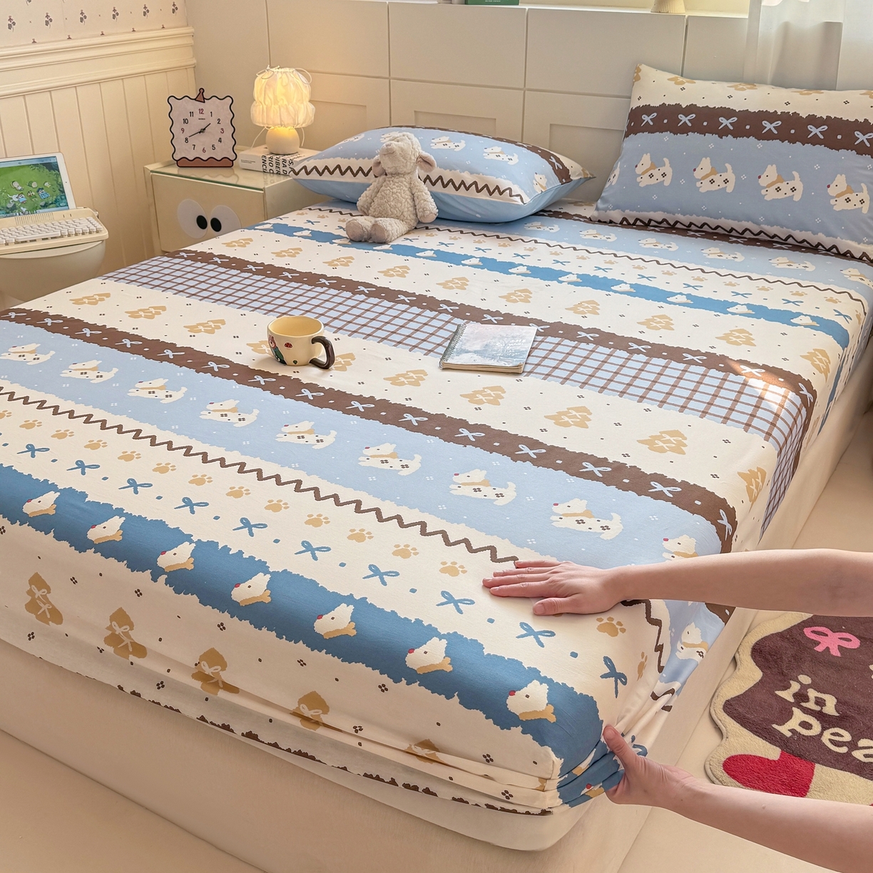 91家纺网 家纺一手货源 找家纺 博雅 2025新款全棉床笠小卡通印花床笠 雪地小狗