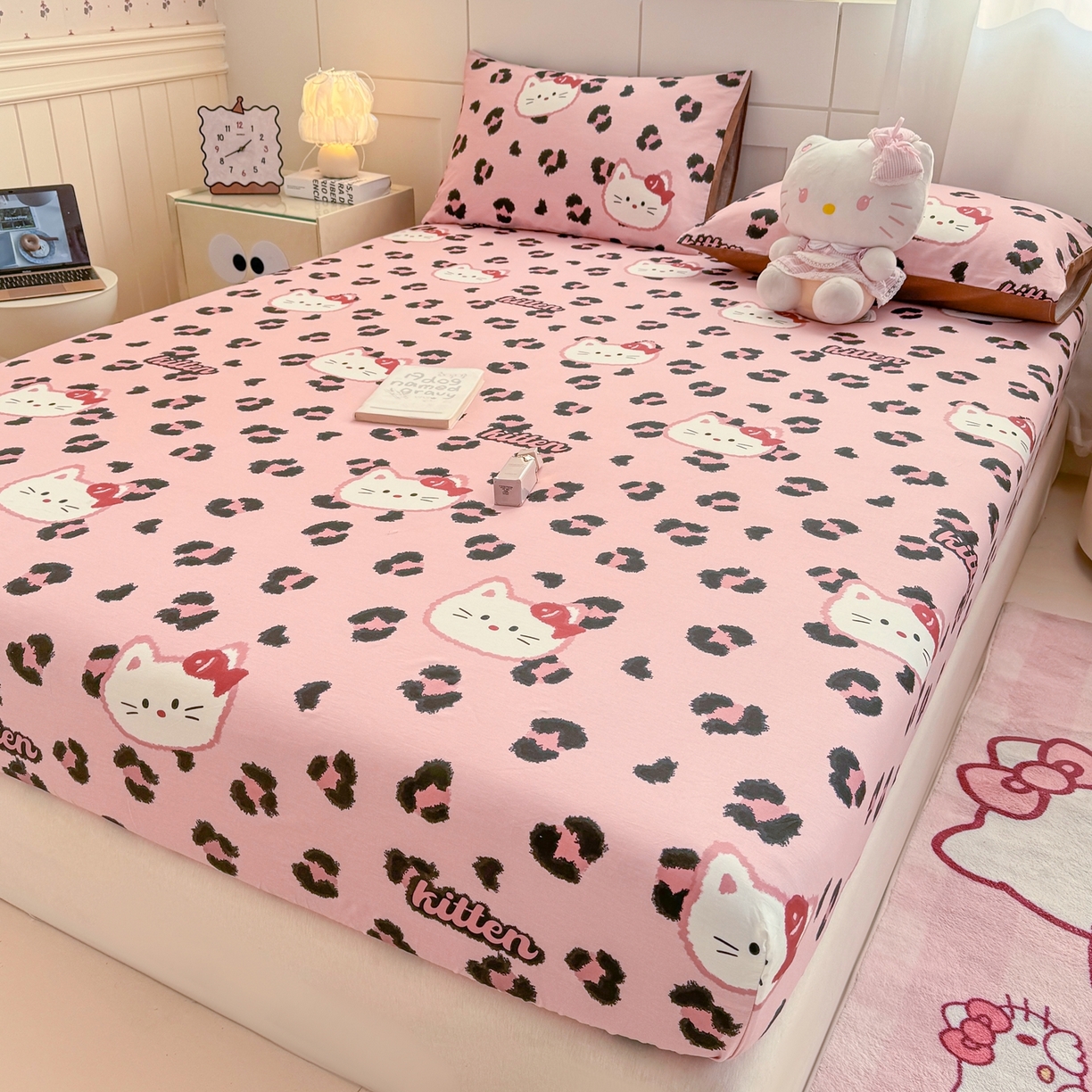 91家纺网 家纺一手货源 找家纺 博雅 2025新款全棉床笠小卡通印花床笠 豹纹小猫-粉