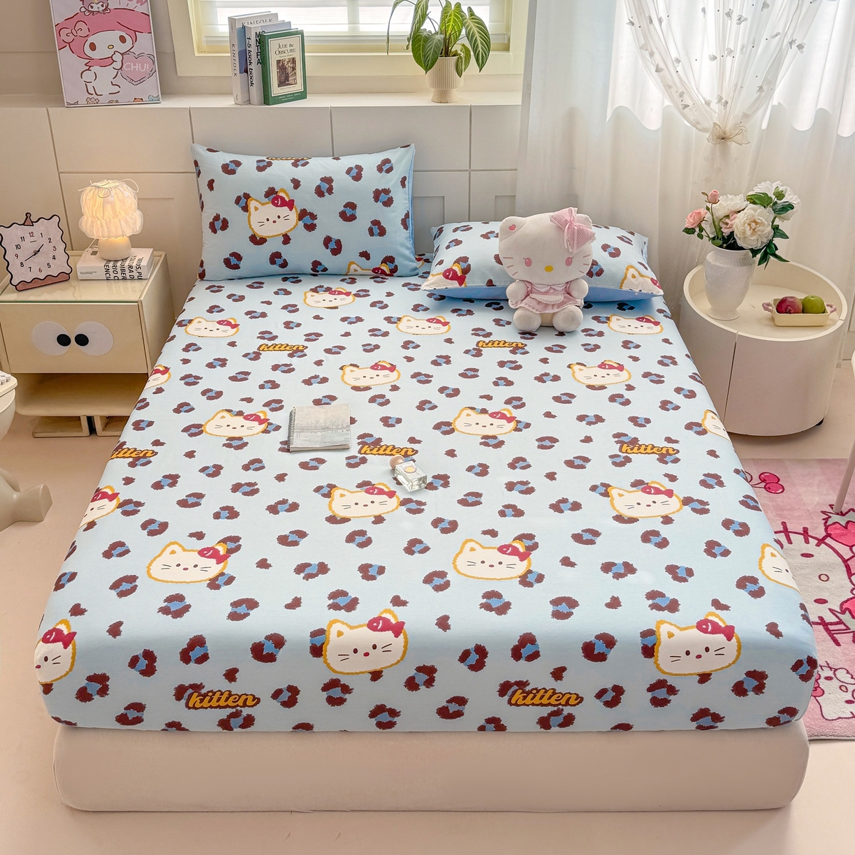 91家纺网 家纺一手货源 找家纺 博雅 2025新款全棉床笠小卡通印花床笠 豹纹小猫-蓝