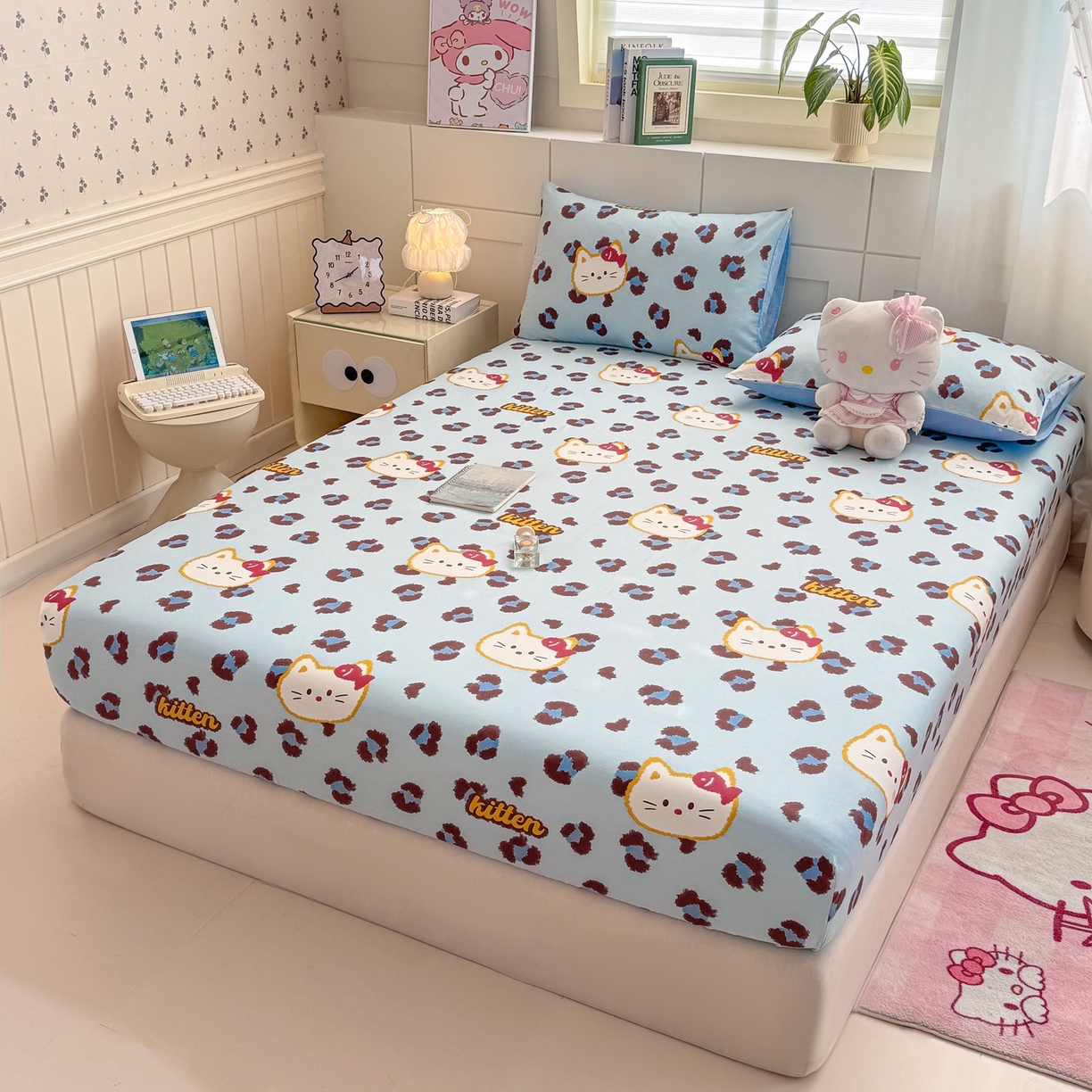 91家纺网 家纺一手货源 找家纺 博雅 2025新款全棉床笠小卡通印花床笠 豹纹小猫-蓝