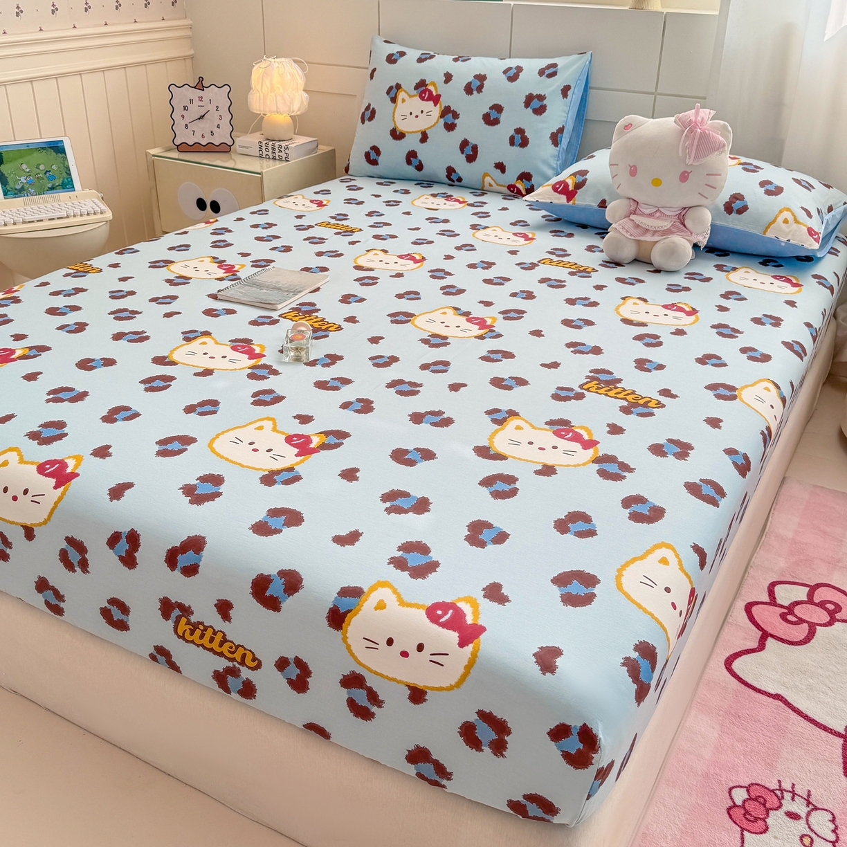 91家纺网 家纺一手货源 找家纺 博雅 2025新款全棉床笠小卡通印花床笠 豹纹小猫-蓝