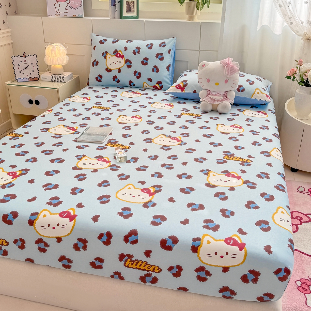 91家纺网 家纺一手货源 找家纺 博雅 2025新款全棉床笠小卡通印花床笠 豹纹小猫-蓝