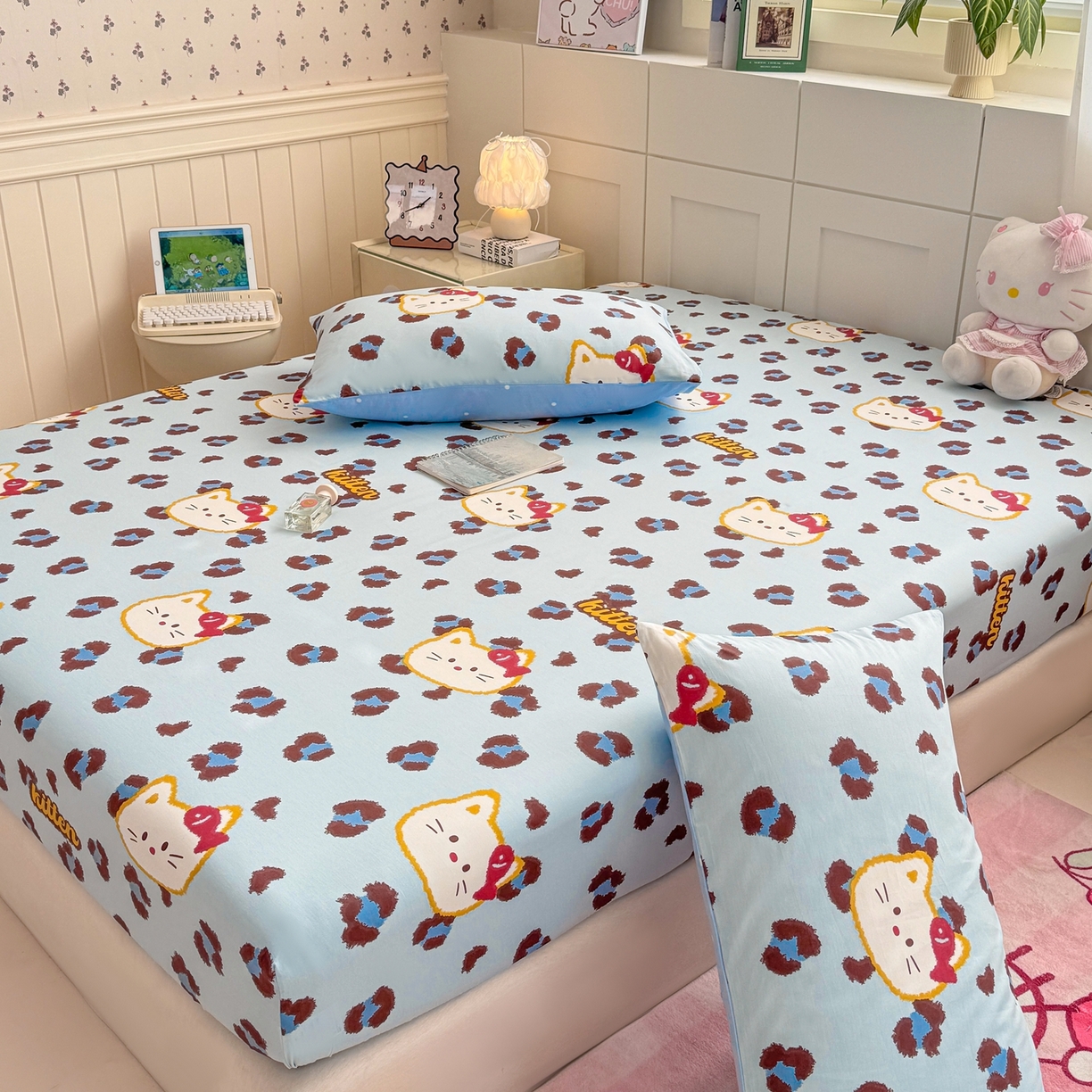 91家纺网 家纺一手货源 找家纺 博雅 2025新款全棉床笠小卡通印花床笠 豹纹小猫-蓝