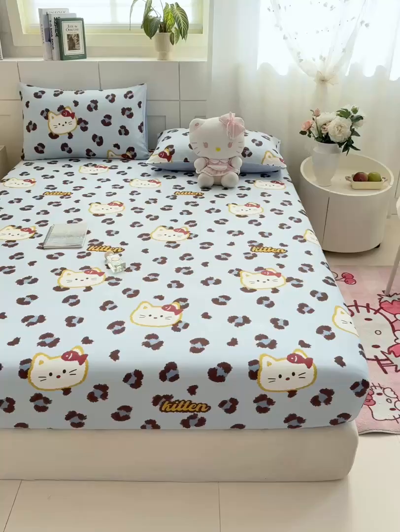 91家纺网 家纺一手货源 找家纺 博雅 2025新款全棉床笠小卡通印花床笠 豹纹小猫-蓝