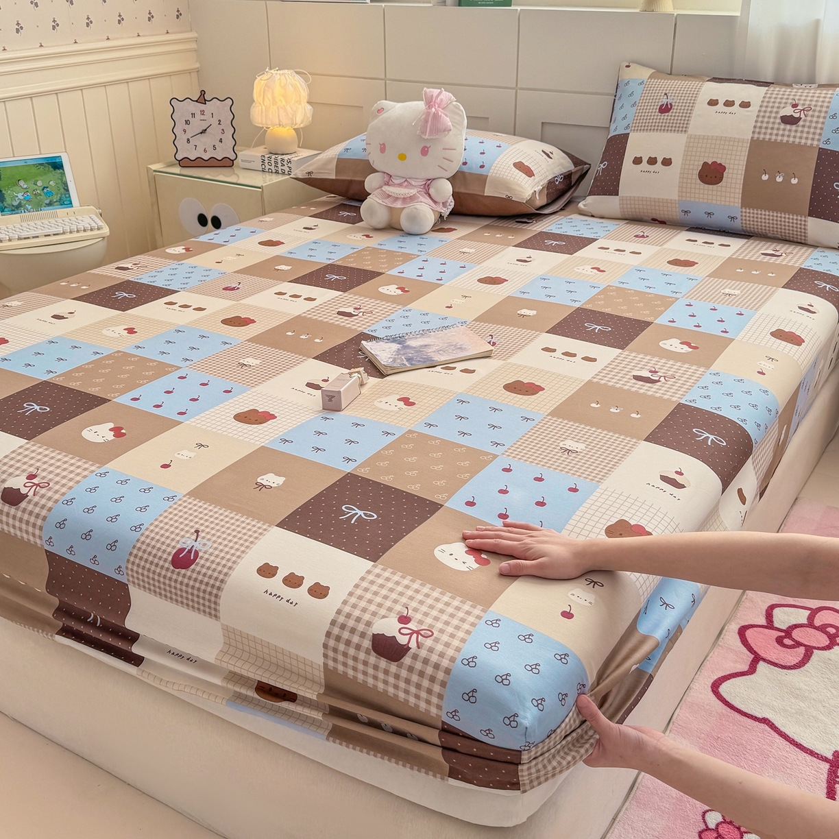 博雅 2025新款全棉床笠小卡通印花床笠 咖格蛋糕猫