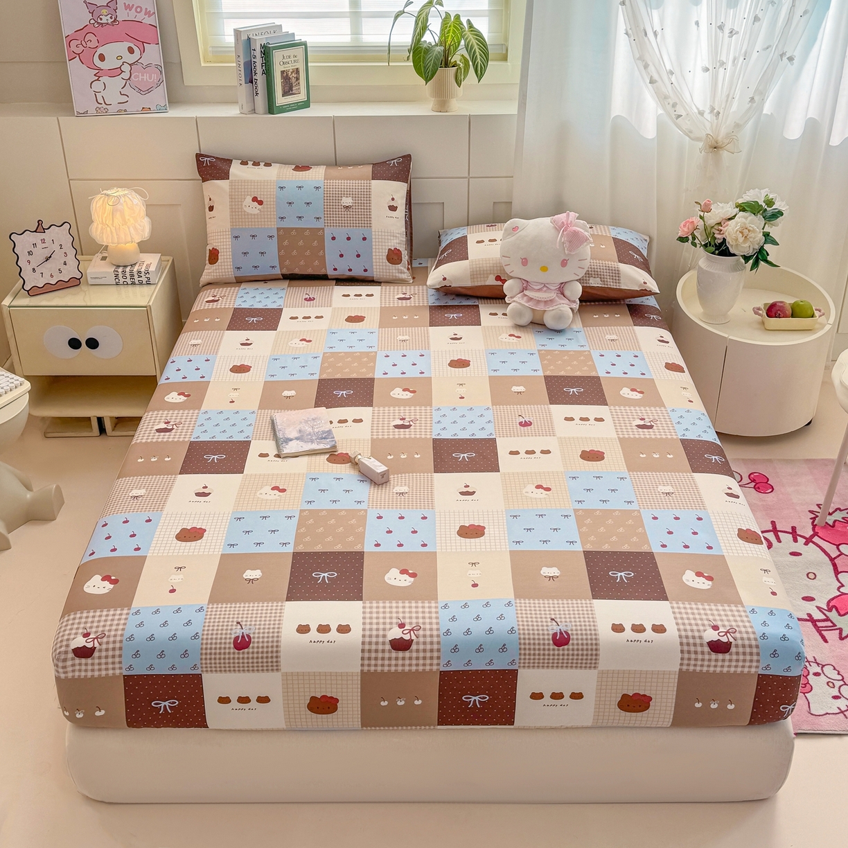 91家纺网 家纺一手货源 找家纺 博雅 2025新款全棉床笠小卡通印花床笠 咖格蛋糕猫