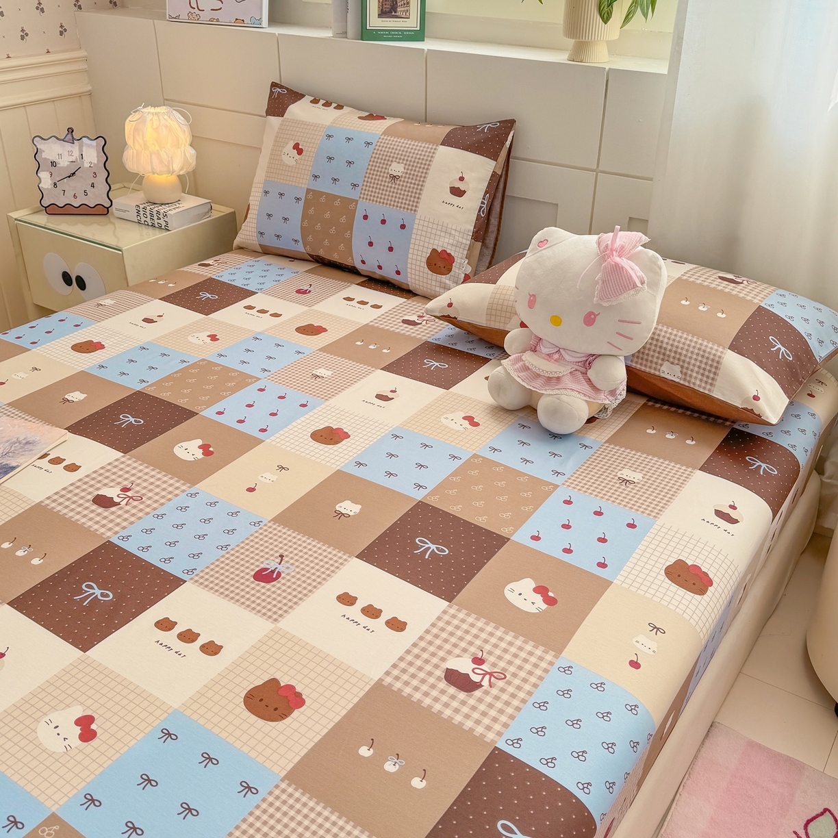 91家纺网 家纺一手货源 找家纺 博雅 2025新款全棉床笠小卡通印花床笠 咖格蛋糕猫