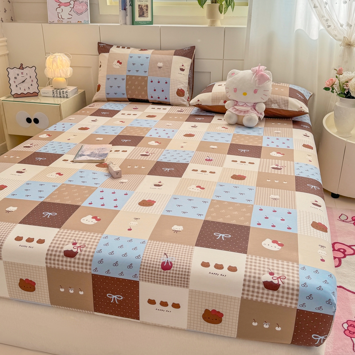 91家纺网 家纺一手货源 找家纺 博雅 2025新款全棉床笠小卡通印花床笠 咖格蛋糕猫