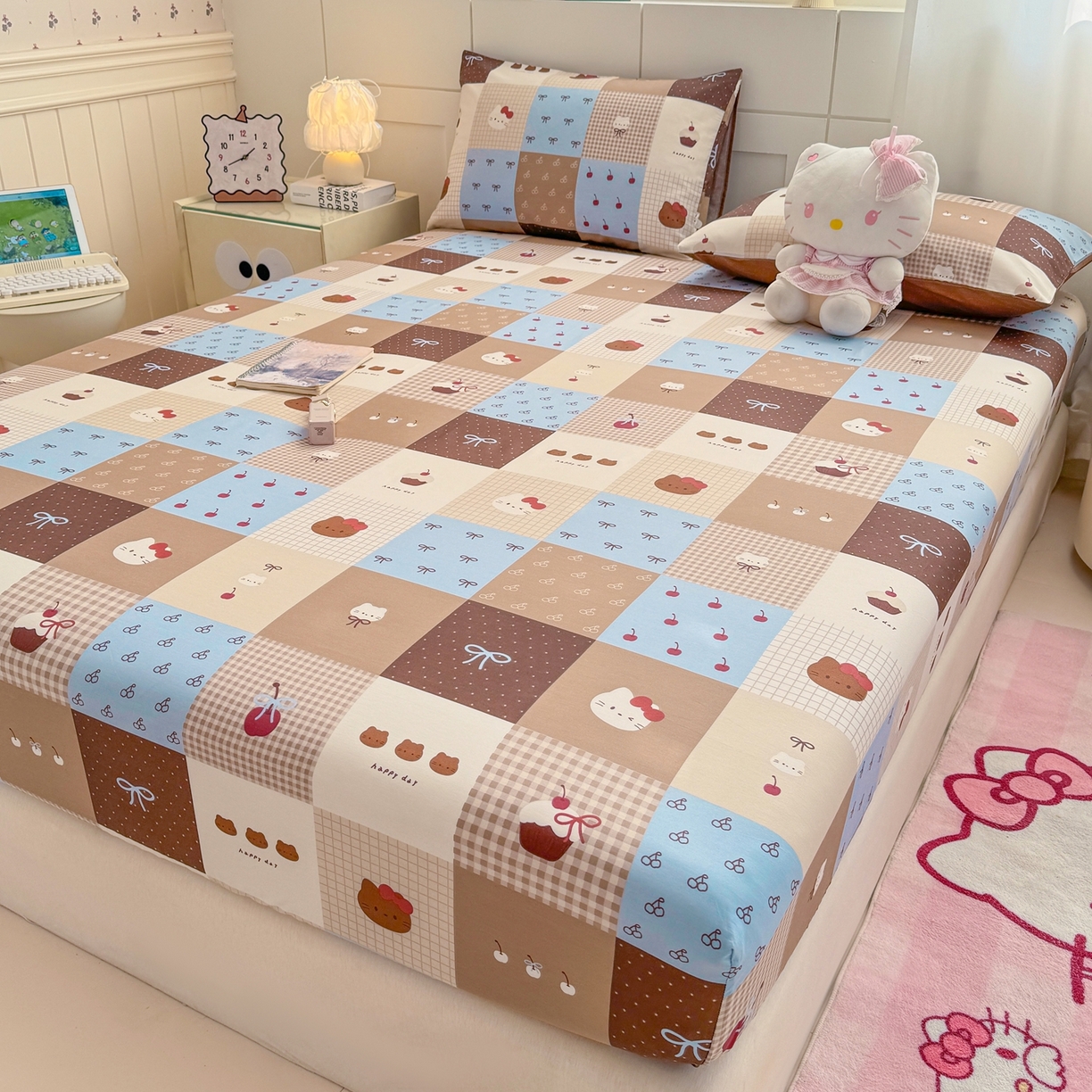 91家纺网 家纺一手货源 找家纺 博雅 2025新款全棉床笠小卡通印花床笠 咖格蛋糕猫